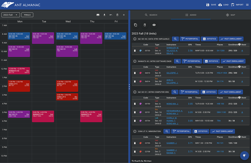 Screenshot of AntAlmanac in dark mode
