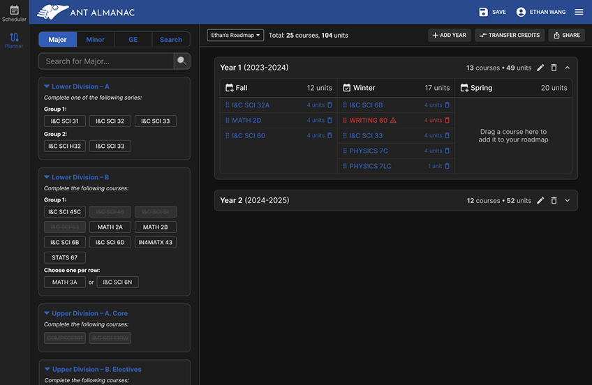 Screenshot of Planner view, with a sidebar to switch to scheduler view