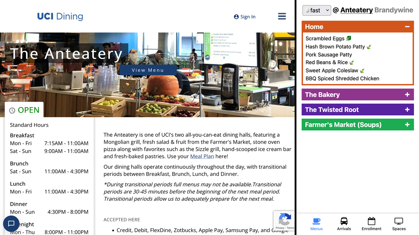 Screenshots of UCI CampusDish website (left) and Ant Atlas (right)