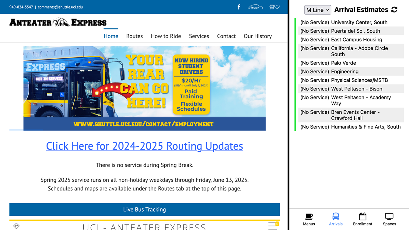 Screenshots of UCI Shuttle Tracker (left) and Ant Atlas (right)