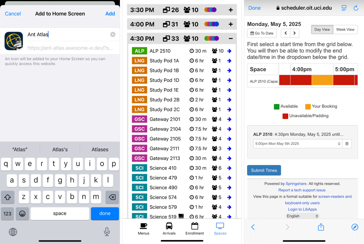 Add to Home Screen Prompt, Ant Atlas Study Spaces Page, and in-app booking window
