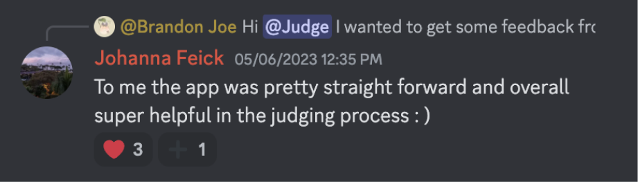 Johanna Feick: "To me the app was pretty straight forward and overall super helpful in the judging process :)"