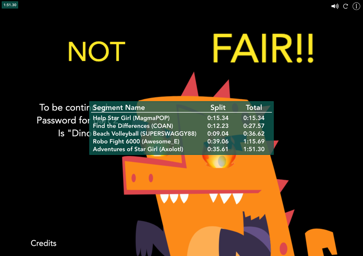 End screen with times after a speedrun is completed