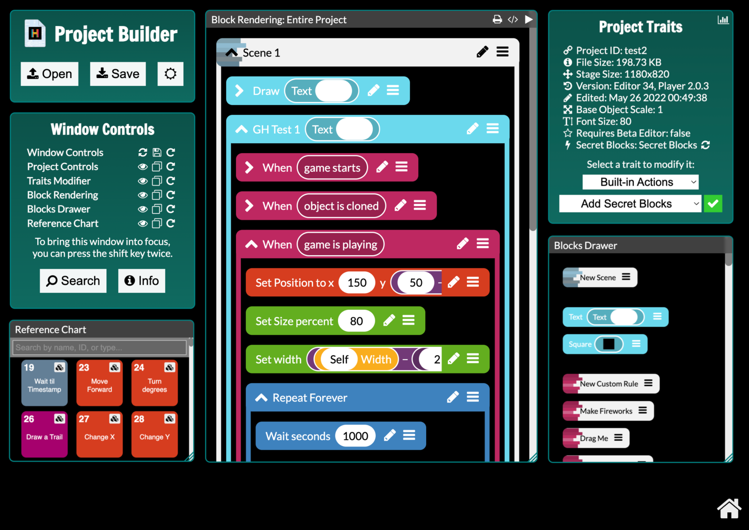 Interface with draggable windows, a code editor, and other useful editor tools