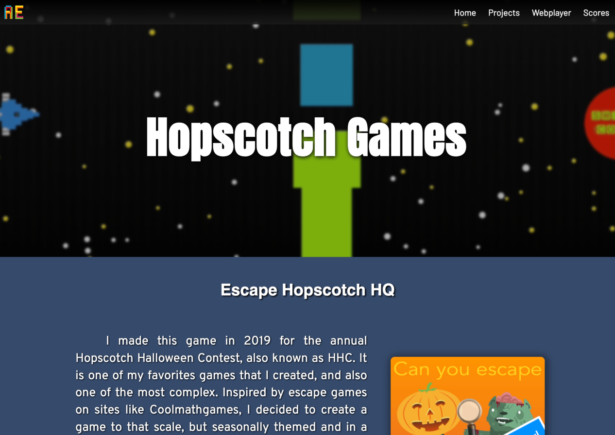 The Hopscotch Games page on my Hopscotch site